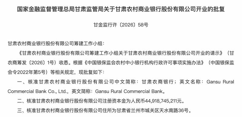  甘肃农商银行正式开启运营新篇章，统一法人模式助力乡村振兴；高管团队全面就位，服务三农能力显著增强。 股票财经